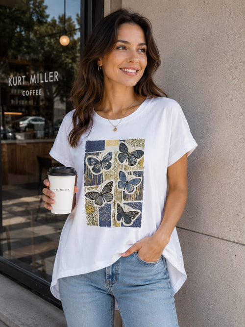 Metallic Butterfly Cotton High Low T-shirt