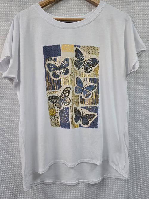 Metallic Butterfly Cotton High Low T-shirt