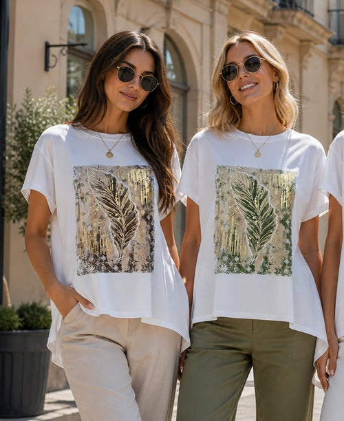 Metallic Feather high low cotton T-shirt