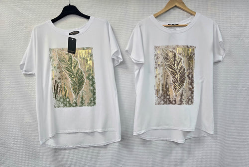 Metallic Feather high low cotton T-shirt