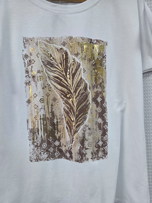 Metallic Feather high low cotton T-shirt