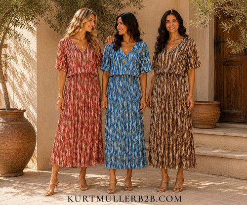 Amba V Neck Plise Pleated Maxi Dress