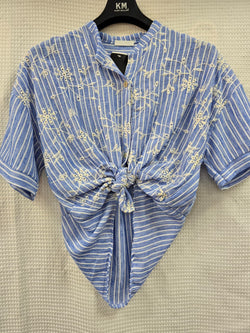 Leaf Cotton Embroidery Denim Tie Top
