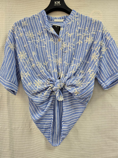 Leaf Cotton Embroidery Denim Tie Top
