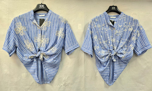 Leaf Cotton Embroidery Denim Tie Top