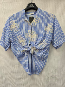 Floral Embroidery Cotton Denim Tie Top