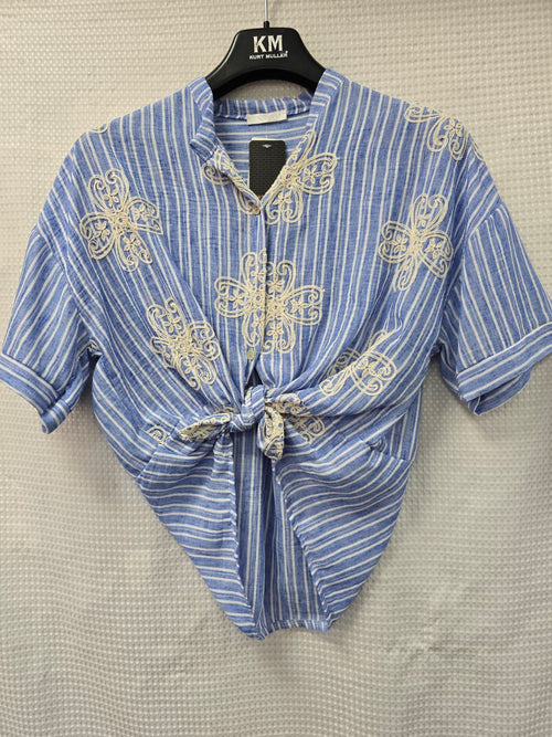 Floral Embroidery Cotton Denim Tie Top