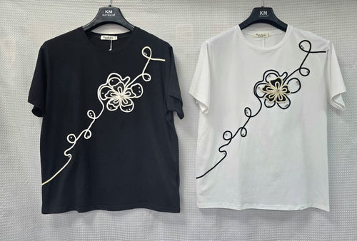 Crochet Floral Stud Cotton T-shirt