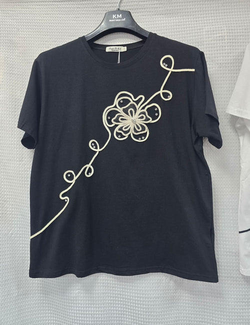 Crochet Floral Stud Cotton T-shirt