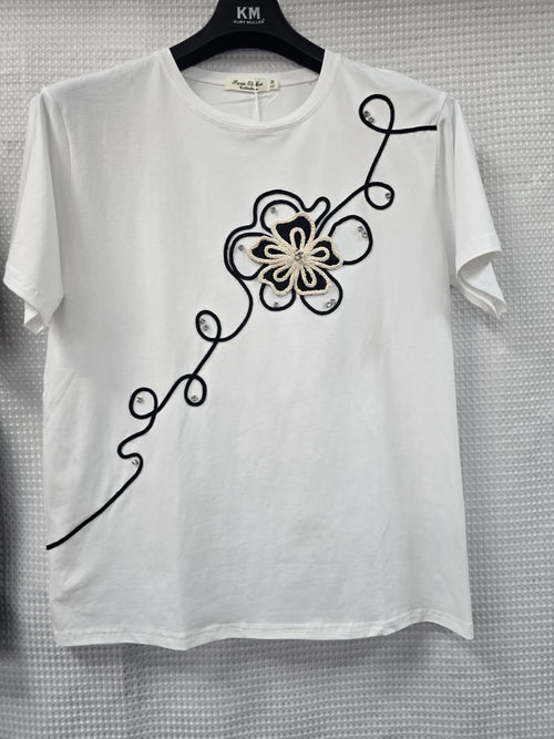 Crochet Floral Stud Cotton T-shirt