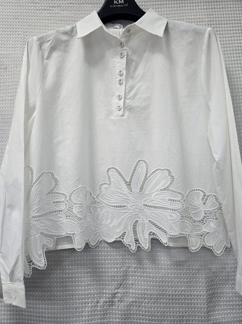 Cotton Daisy Crochet Hem White Shirt