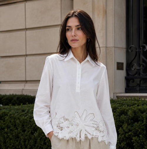 Cotton Daisy Crochet Hem White Shirt