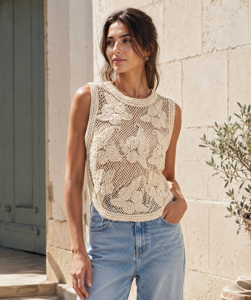 Crochet Cotton Beige Knit Tank Top