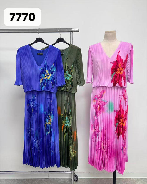 Lily V Neck Pleated Plisse Maxi Dress