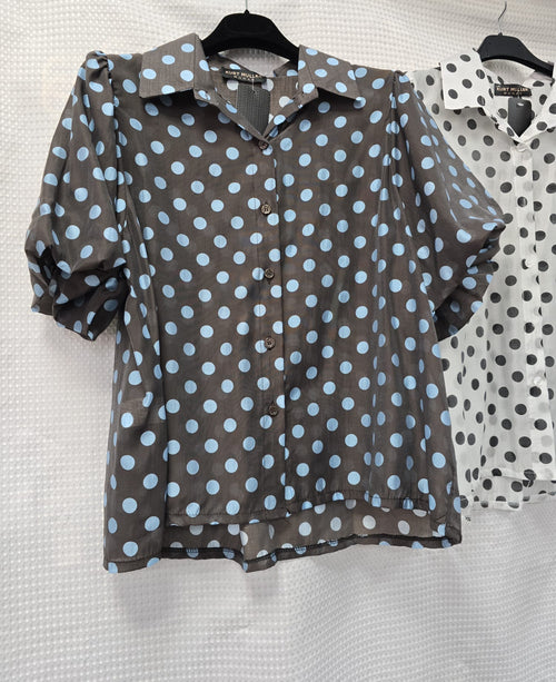 Polka Dot Tencel Bubble Sleeve Blouse