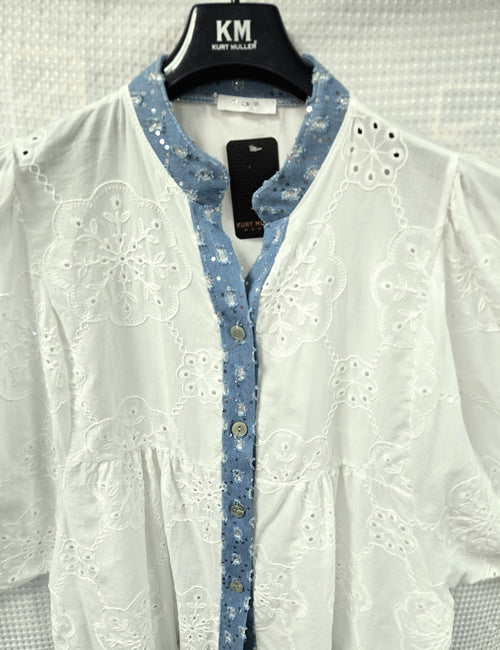 Denim Sequin Trim Embroidery Crochet Top