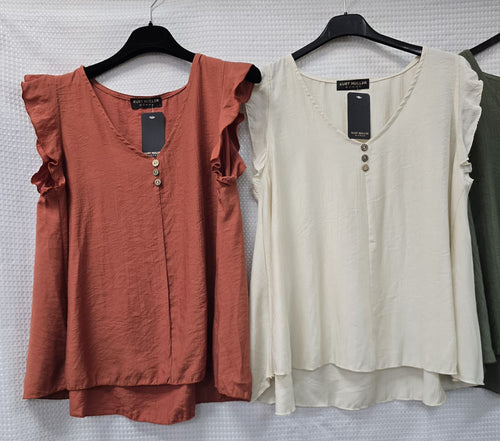 V Neck Button Frill Sleeve Top