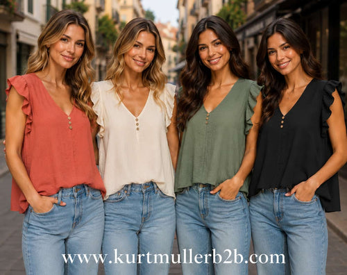 V Neck Button Frill Sleeve Top