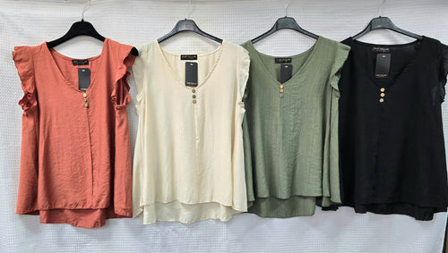 V Neck Button Frill Sleeve Top