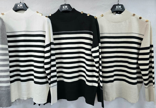 Gold Button Stripe Soft Touch Knit