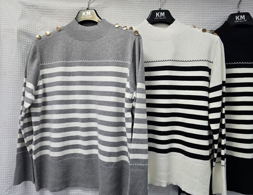 Gold Button Stripe Soft Touch Knit