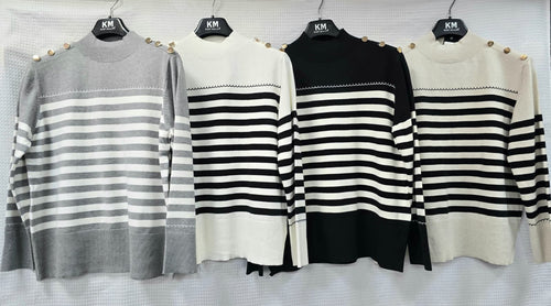 Gold Button Stripe Soft Touch Knit