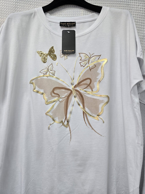 Metallic Gold Butterfly Cotton High Low T-shirt