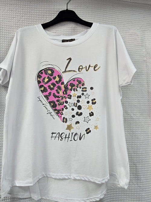 Leopard Diamante Heart Cotton High low T-shirt