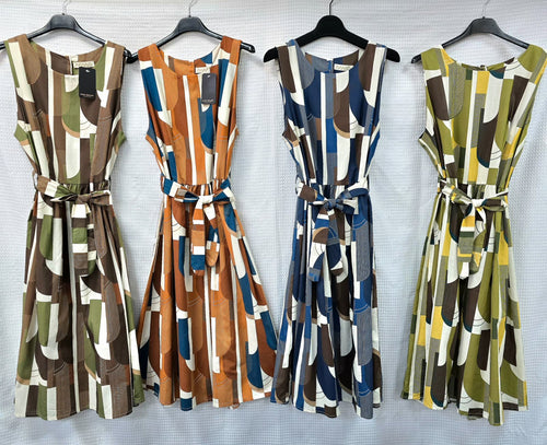 Geometric Pure Cotton Belted Dress