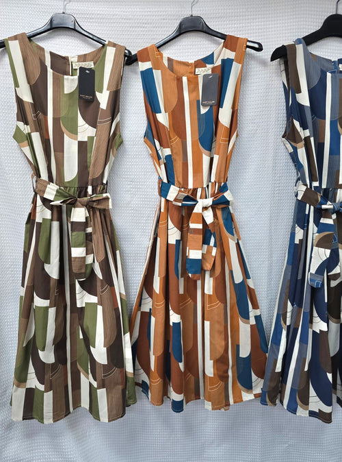 Geometric Pure Cotton Belted Dress