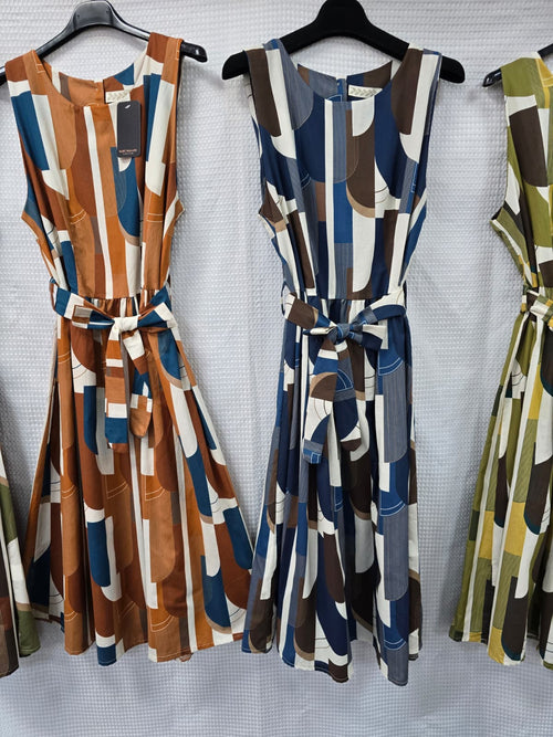 Geometric Pure Cotton Belted Dress