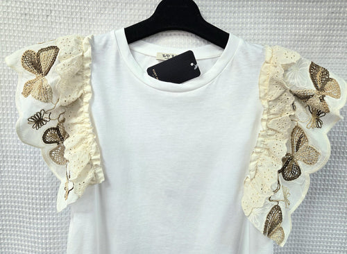 Butterfly Crochet Frill Sleeve Pure Cotton T-shirt