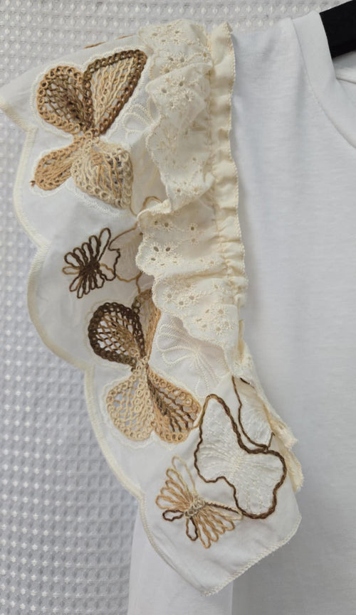 Butterfly Crochet Frill Sleeve Pure Cotton T-shirt