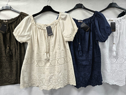 Sophie Crochet Bardot Tassel Pure Cotton Top