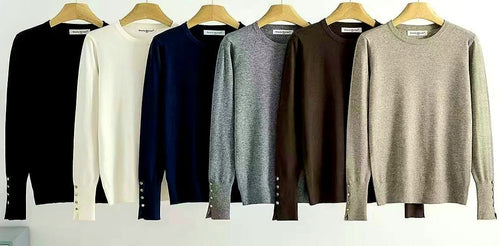 Crew Neck Gold Button Fine Knit Jumper
