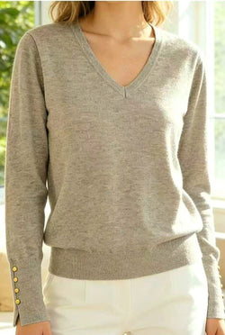 V Gold Button Cuff Fine Knit Jumper