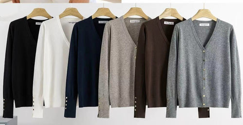V Gold Button Cuff Fine Knitted Cardigan