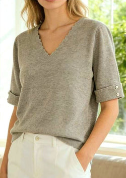 V Scallop Turn up Sleeve Button Fine Knit
