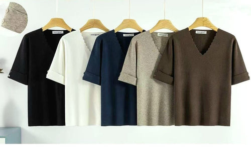 V Scallop Turn up Sleeve Button Fine Knit