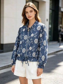 Denim Crochet Cotton Embroidery Zip Bomber Jacket