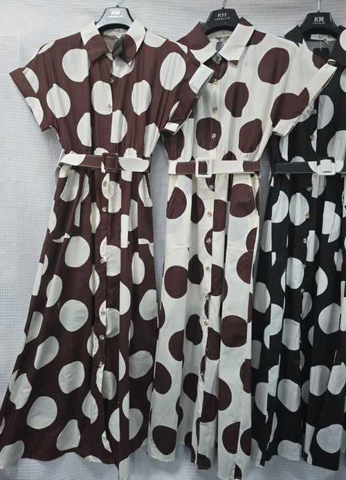 Big Polka Dot Cotton Shirt Pure Cotton Belted Dress