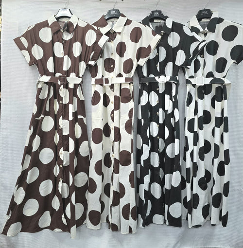 Big Polka Dot Cotton Shirt Pure Cotton Belted Dress