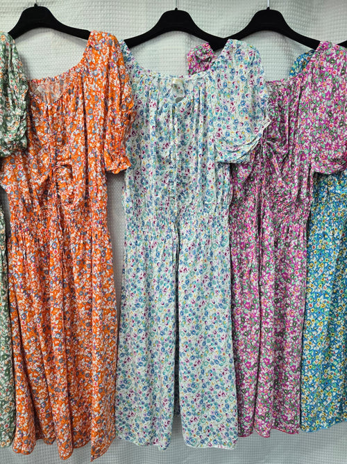 Pull Rouched Floral Cotton Midi Dress