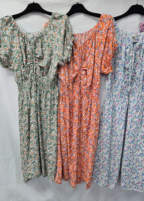 Pull Rouched Floral Cotton Midi Dress