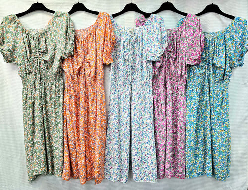 Pull Rouched Floral Cotton Midi Dress