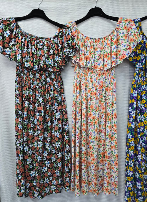 Vibrant Floral Bardot Cotton Midi dress