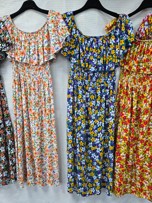 Vibrant Floral Bardot Cotton Midi dress