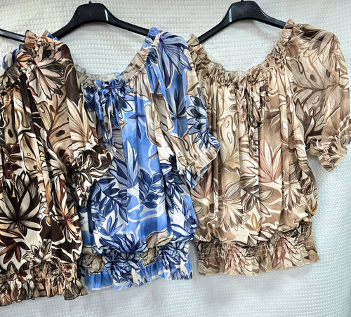 Palm Ruffle Bardot Blouse