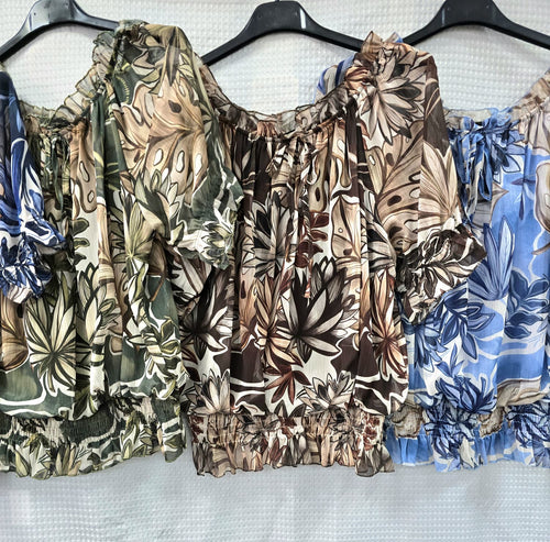 Palm Ruffle Bardot Blouse