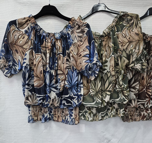 Palm Ruffle Bardot Blouse